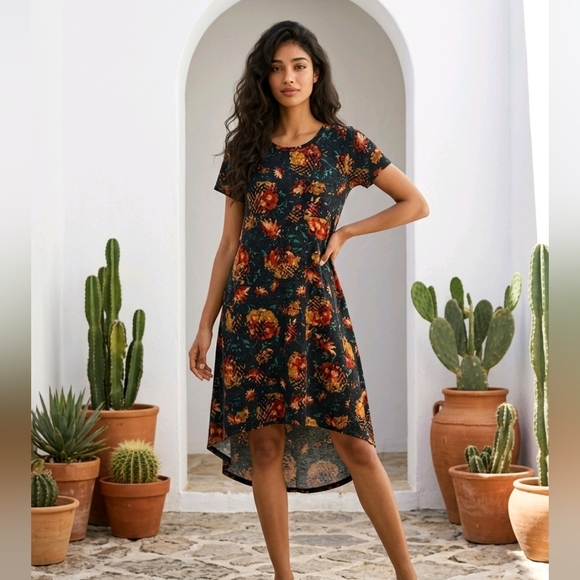 LuLaRoe Dresses & Skirts - LuLaRoe Carly Dress Black Floral Print Midi Pocket High-Low Butter Soft Casual